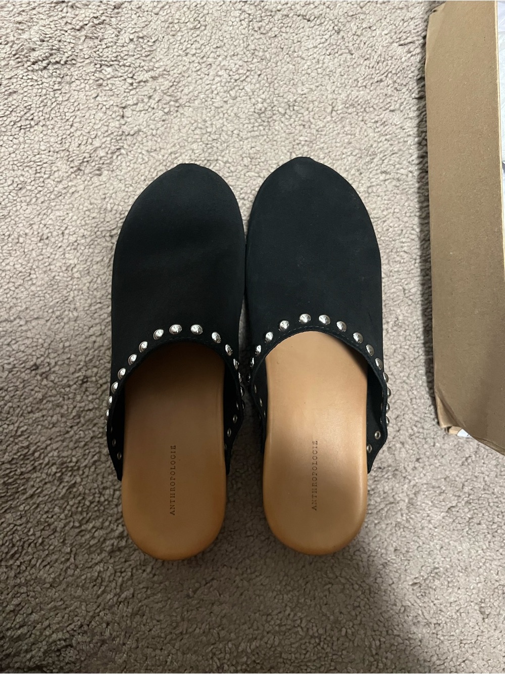 Anthropologie Black Studded Slip-On Mules